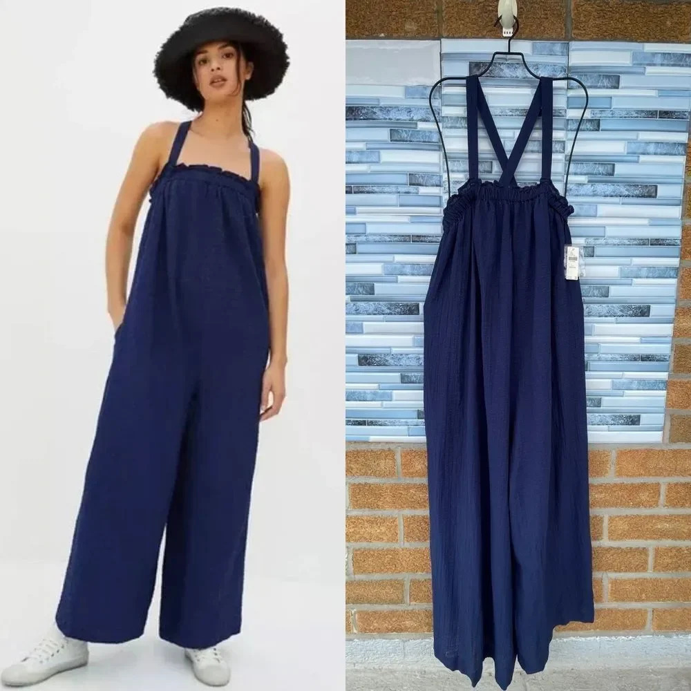 Anthropologie Navy Flowy Wide Leg Jumpsuit Xxs/xs